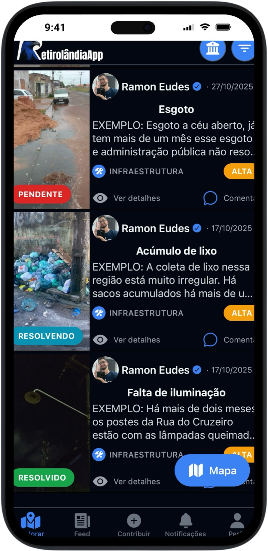 App Retirolândia - Feed de Reclamações