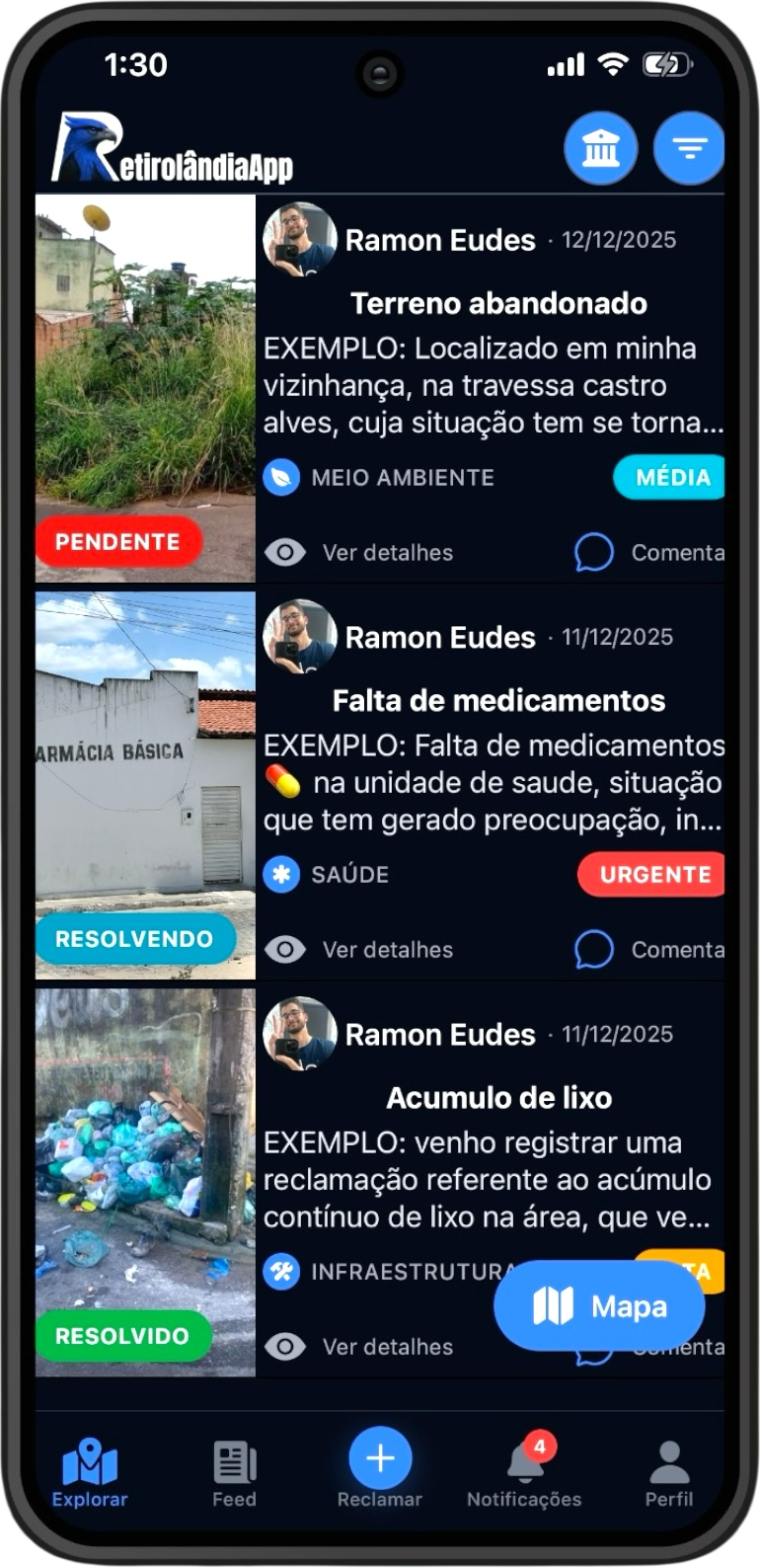 App Retirolândia - Feed de Reclamações